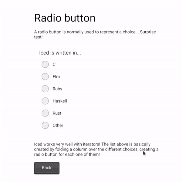 All widgets tour demo: radio buttons, sliders, debugging view, etc