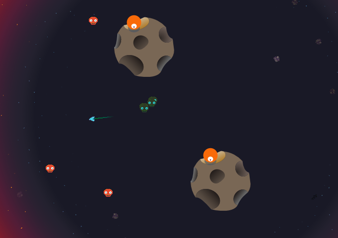 Compact-Space screenshot: asteroids, ship, aliens