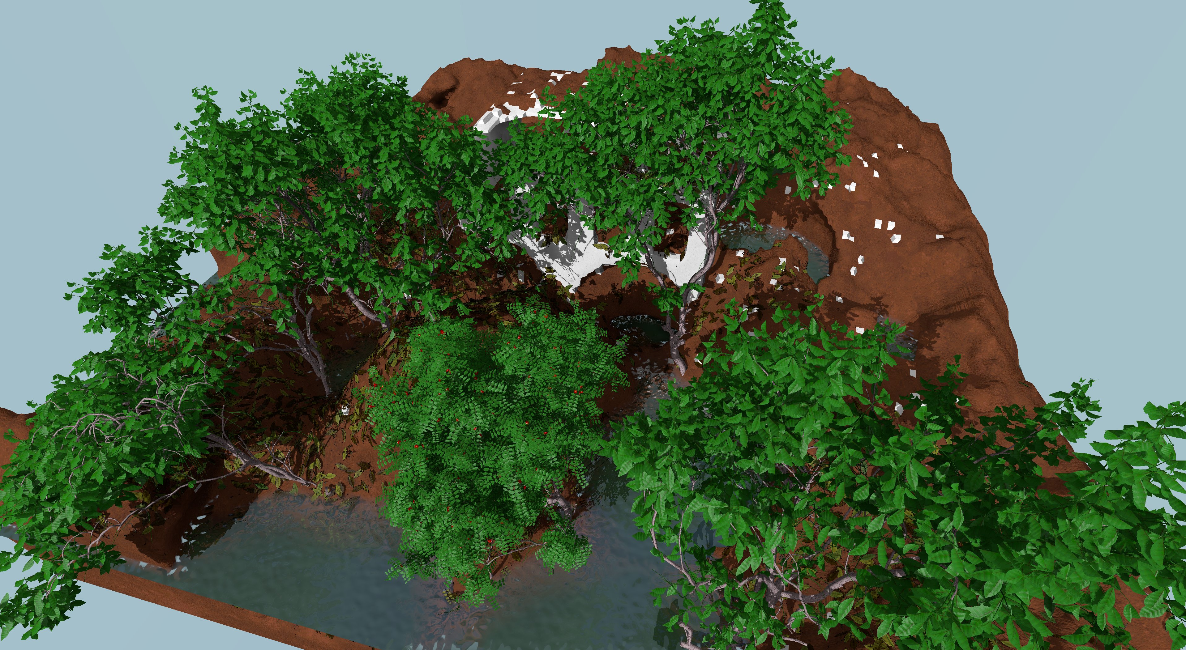 Garden screenshot: ruins, trees and water in craters