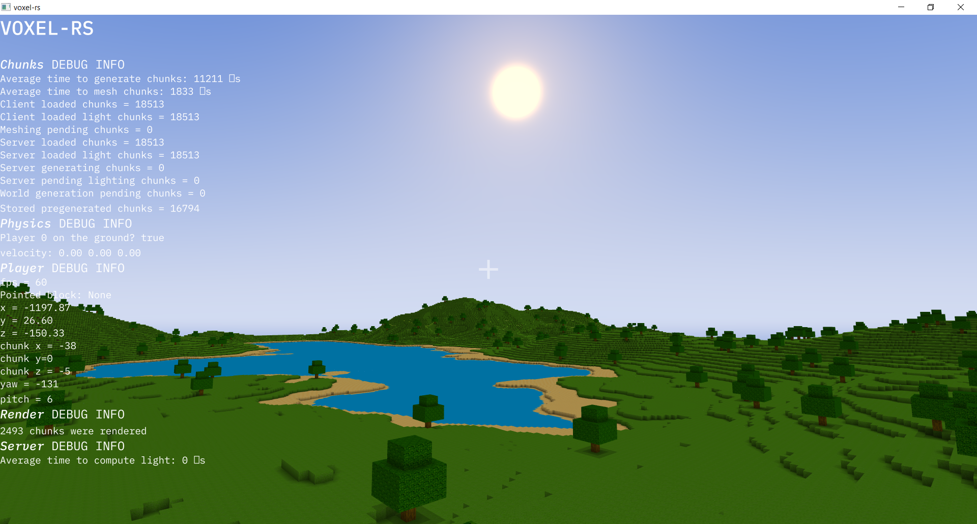 Some lake, hills, blue sunny sky and debug output