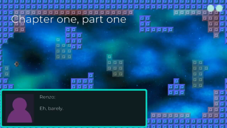 gameplay screenshot: block, space ship, dialog box