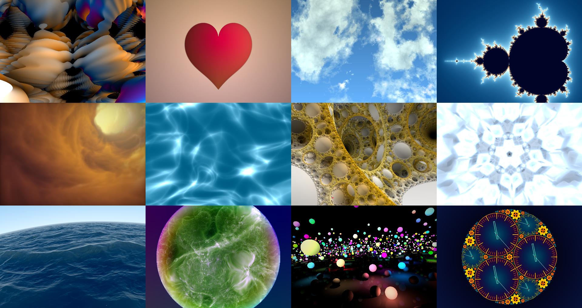 A collage of various shadertoy.com shaders built with rust-gpu.