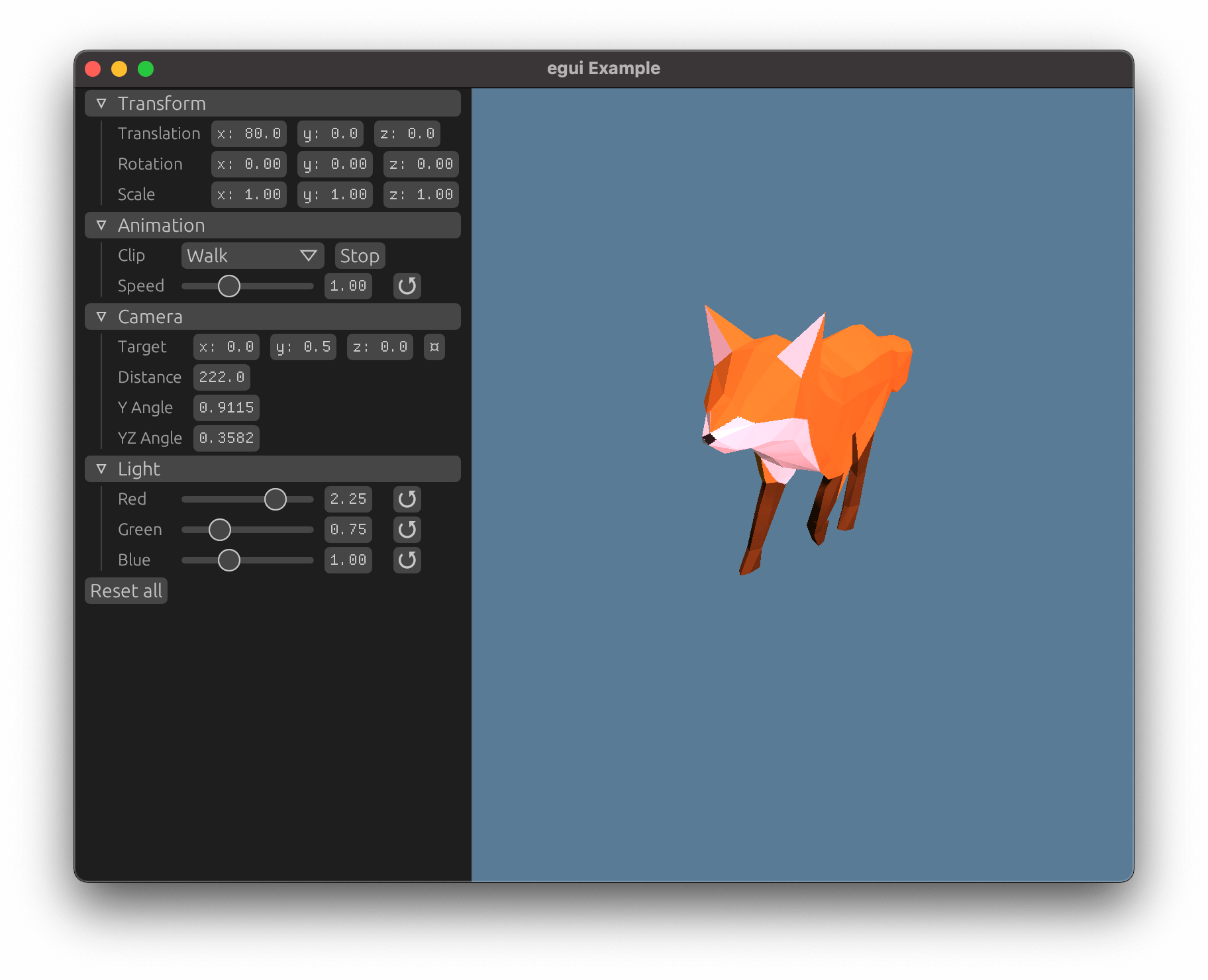 Fox model and egui controls for camera, light, etc