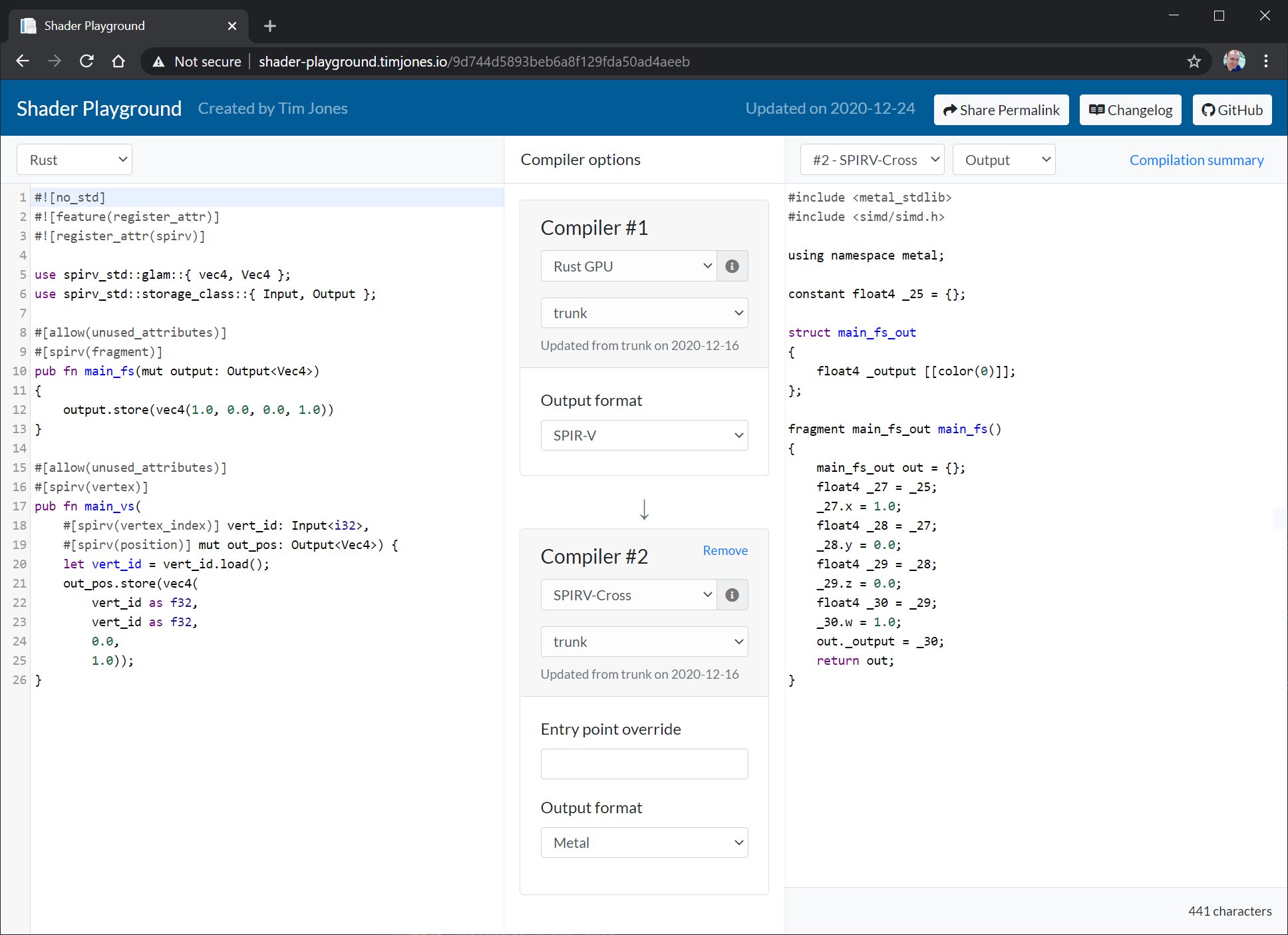 source code in rust, compiler options, and spircv-coross output