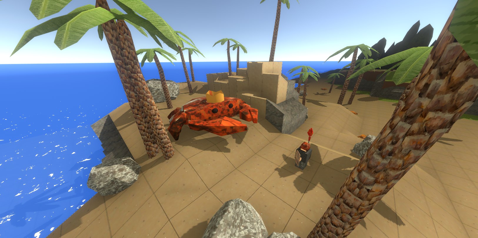 A player standing in front of a giant crab