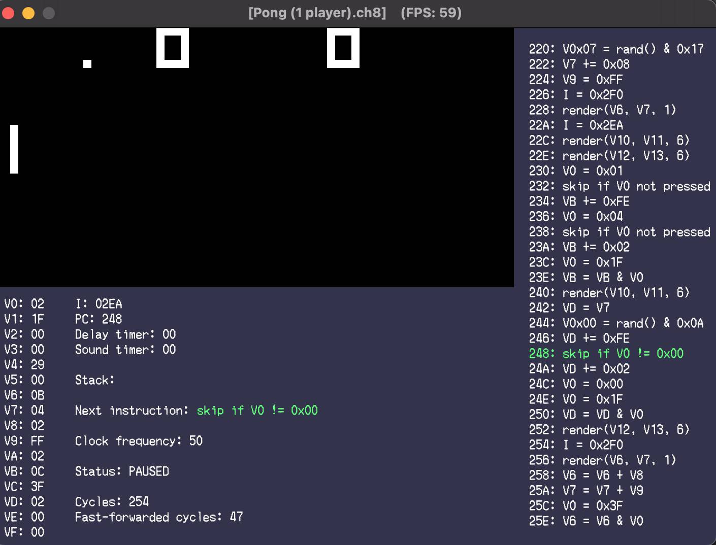 Screenshot of Pong with debugger