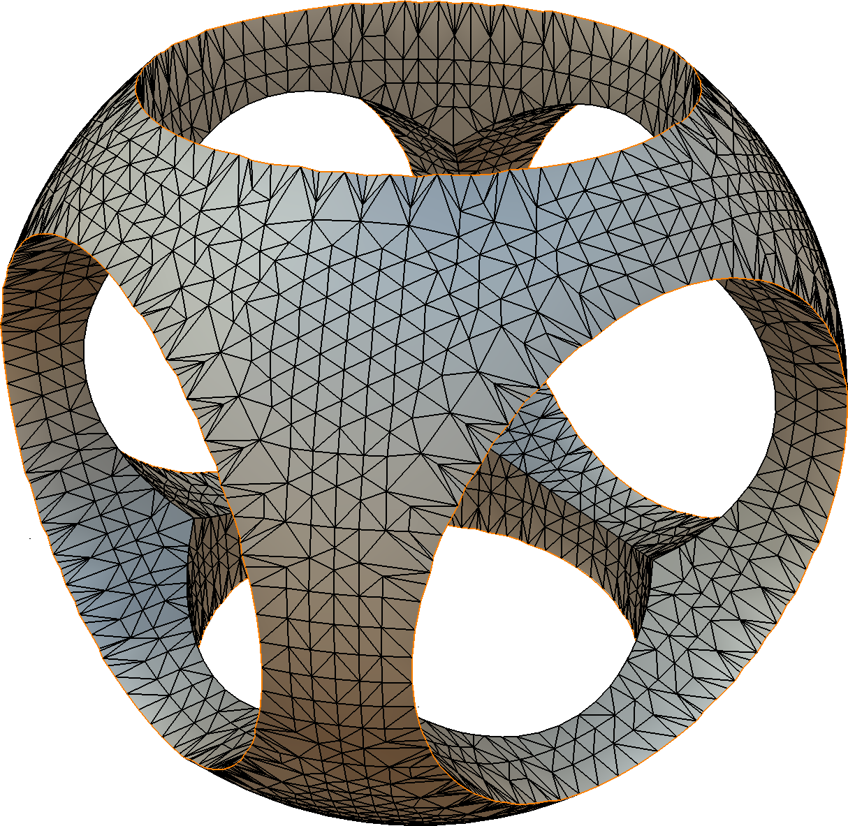 CSG difference operation with a sphere and three cylinders