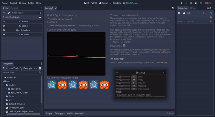 An animation showing godot-egui running as a plugin inside the editor