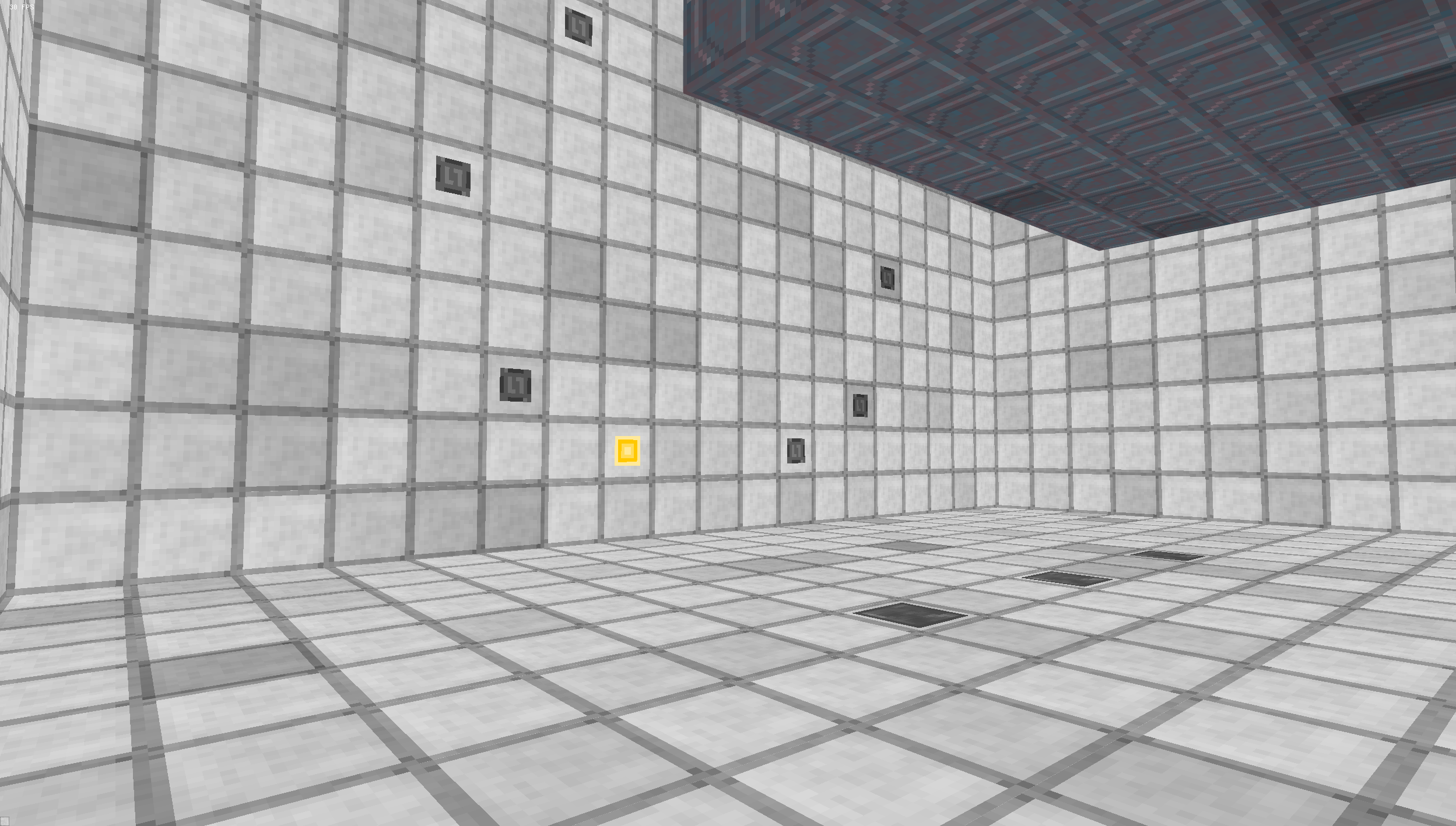 Screenshot of Liminal Lab 000 showing a white-walled laboratory test chamber
         with buttons on the floor, lights on the wall, and a dark cube levitating
         overhead.