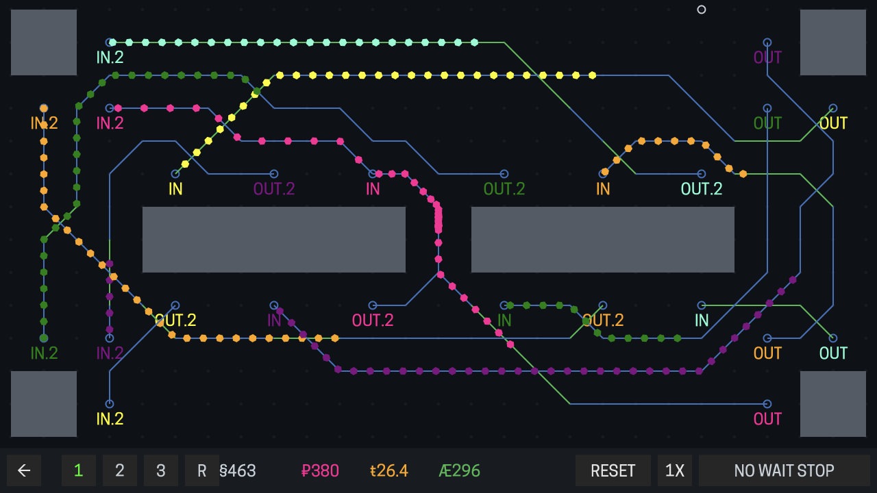 Screenshot of Pixie Wrangler showing pixies traveling along paths drawn by
the player.