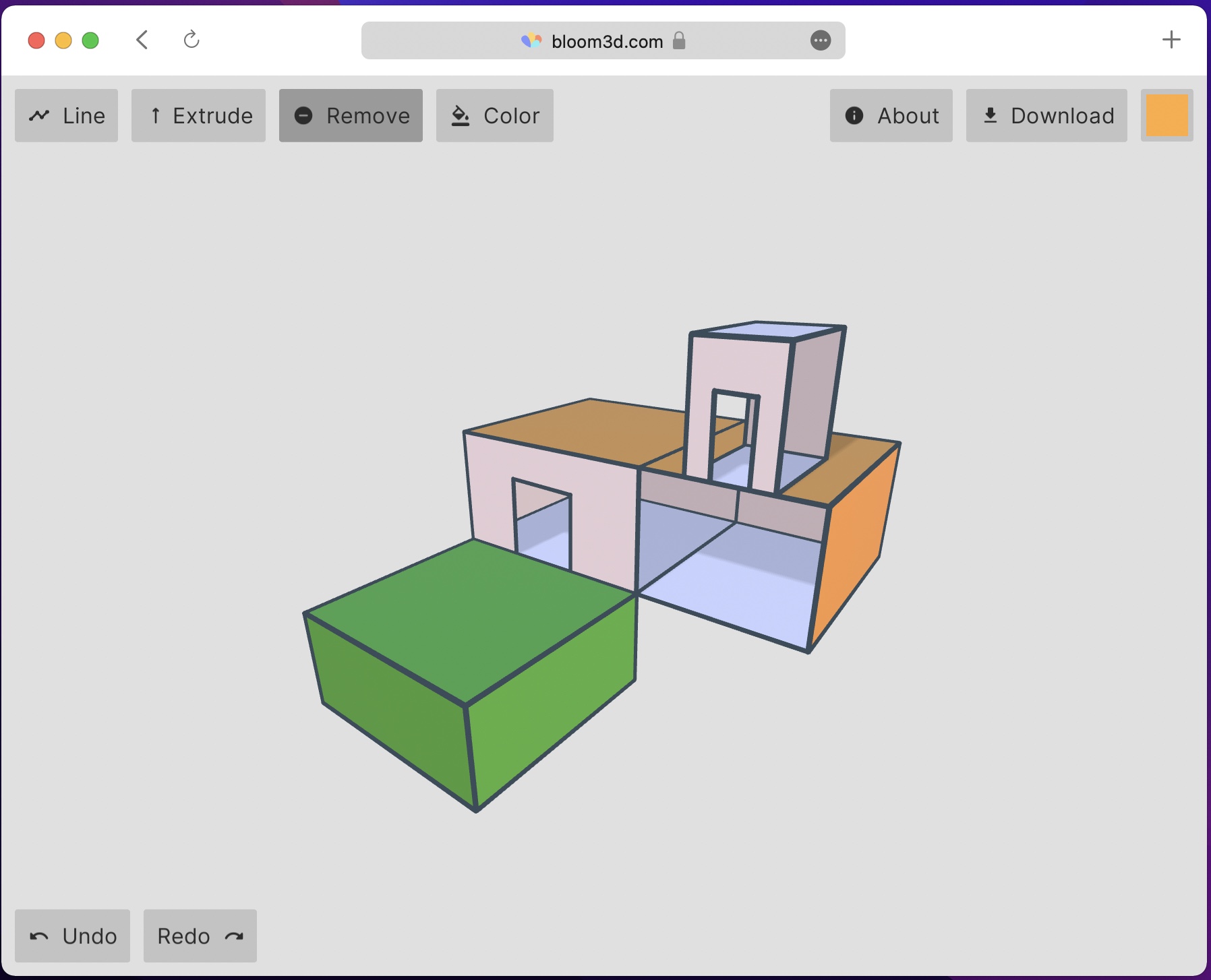 A screenshot of Bloom3D's interface and a simple low-polygon building.