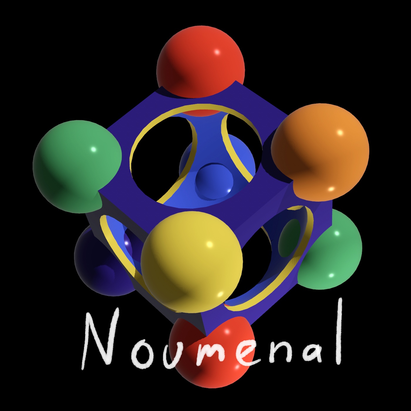 The logo for Noumenal, a colorful cube with spheres on each corner and a spherical hole in the center, and “Noumenal” written underneath.