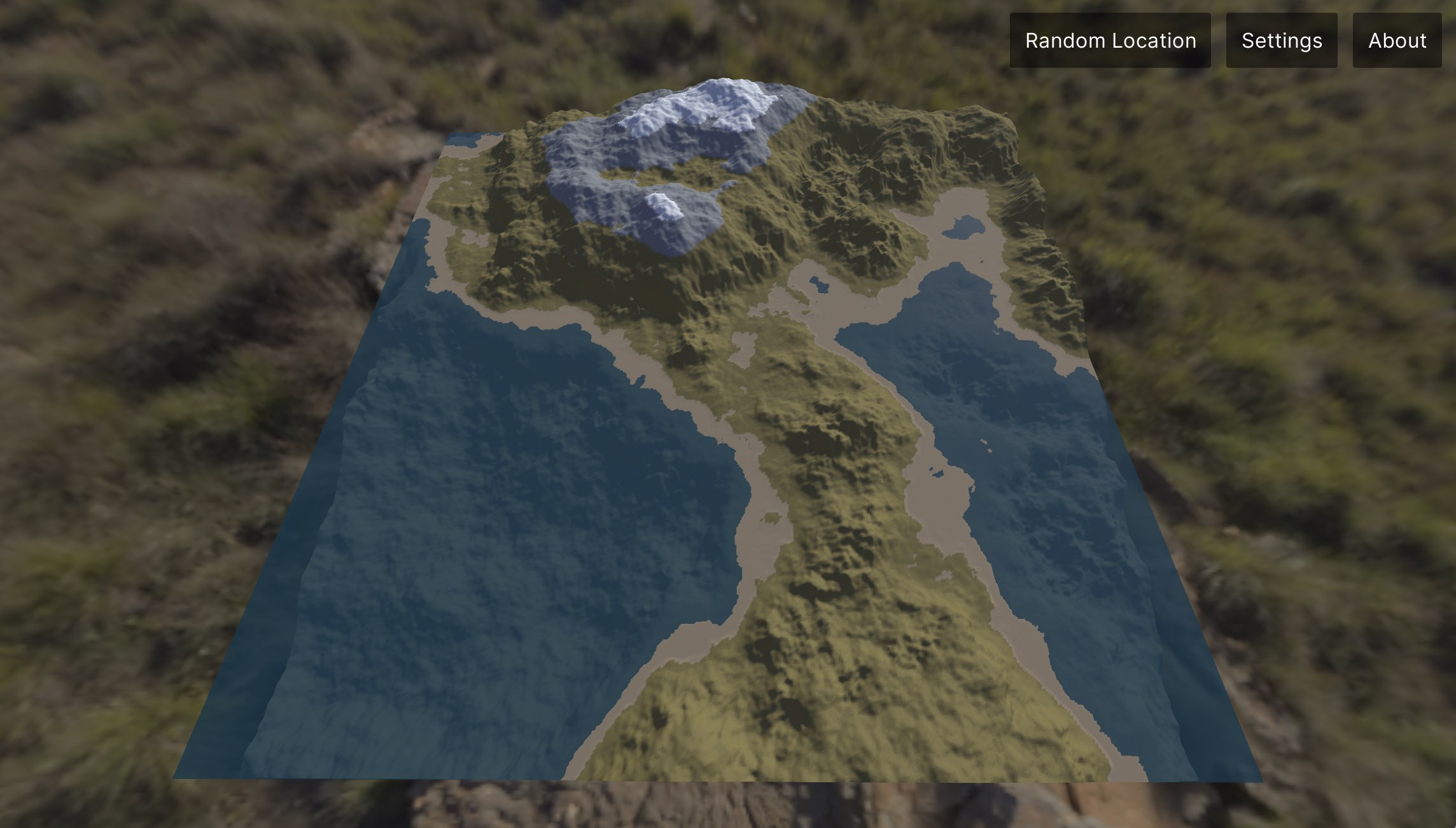 A screenshot looking down on mountainous terrain and an ocean