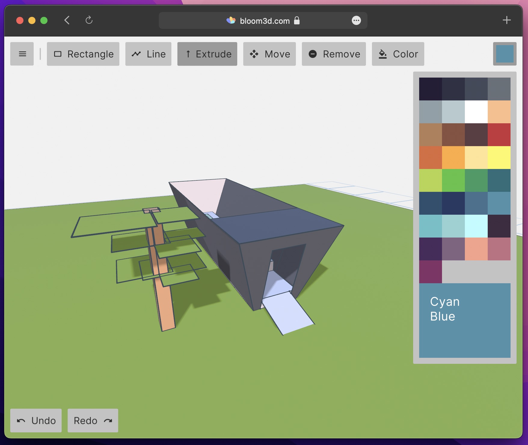A screenshot of Bloom3D's interface. A geometric tree is next to a building.