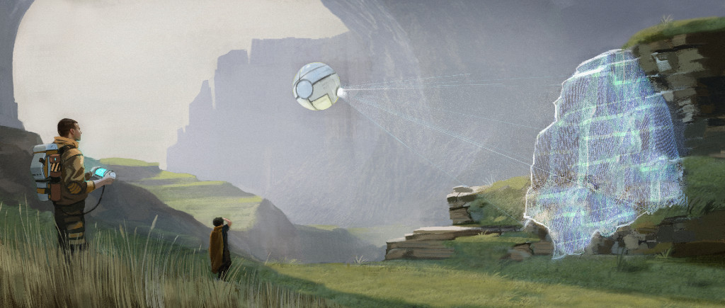 Concept art of a player creating a world in Dims