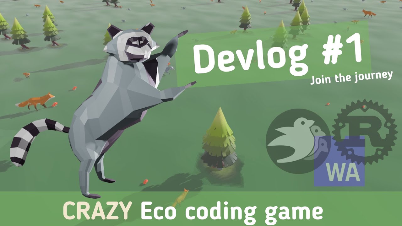 Youtube video preview: lowpoly raccoon, "crazy eco dong game" text and logos of Bevy, Rust and WebAssembly