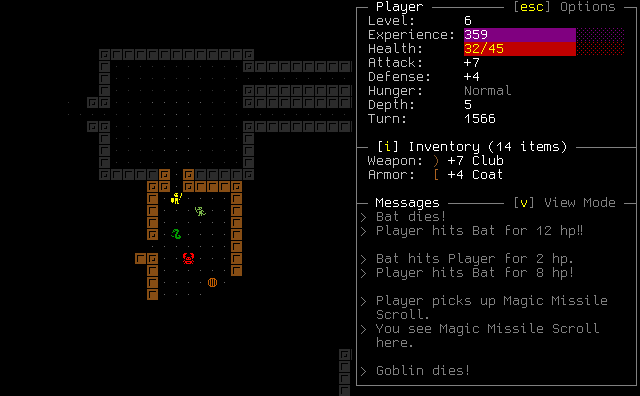 A screenshot from RuggRogue: a tiled view on a dungeon and a classic textual UI