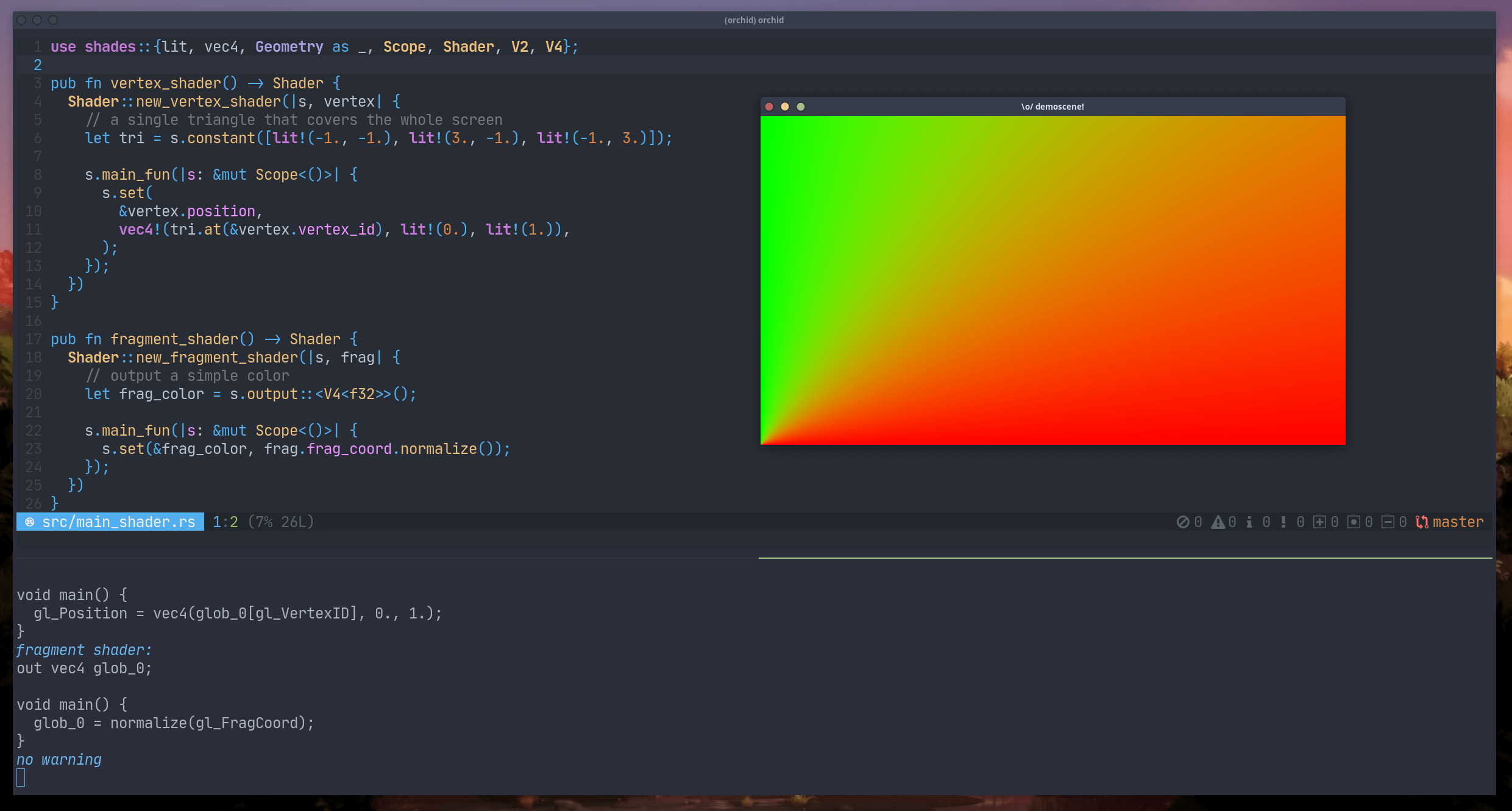 a source code that uses shades and a running app with the result: a gradient from green to red