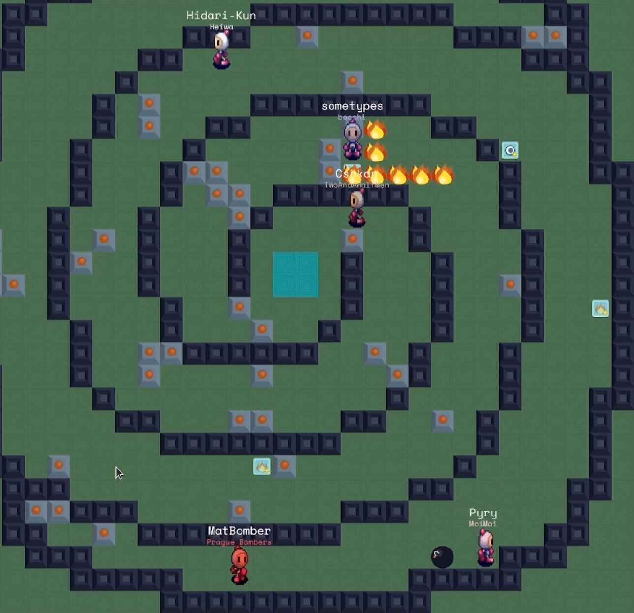 screenshot of the game: many players, block and an explosion