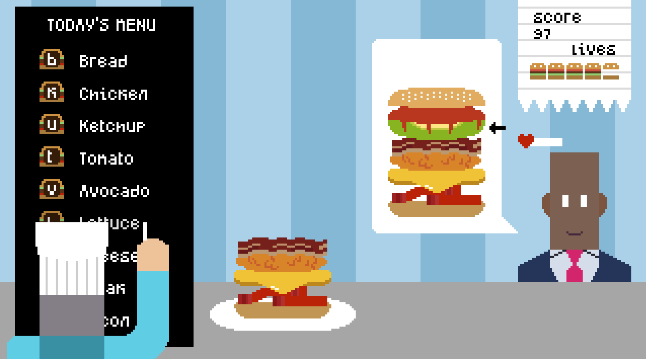 A screenshot of miam, the player is reproducing a burger order while the chef is changing the menu