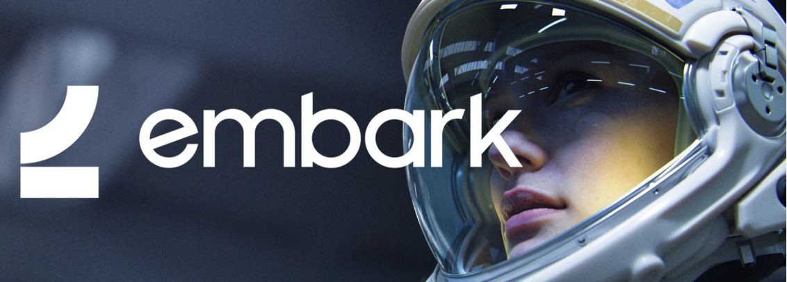 Embark's logo: title and a person in space helmet