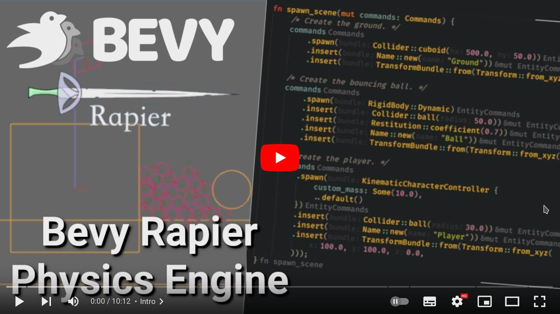 Youtube preview: bevy logo, rapier logo and a piece of Rust code