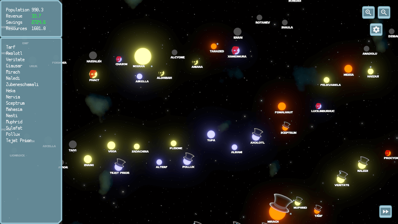Screenshot of Spaceviata, showing the galaxy with some stars discovered and the game UI.