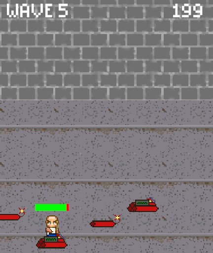 Screenshot of Timely Defuse, featuring a chubby hero disarming a bomb. Dynamites are scattered about. "WAVE 5" and a score of 199 appear at the top.