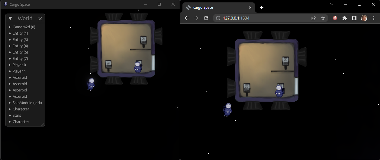 Screenshot of p2p multiplayer in Cargo Space: One instance running on windows and one in Chrome