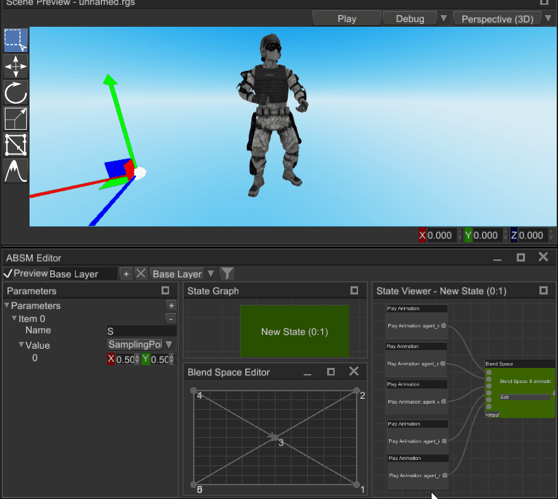 a hi-tech soldier model blending between 5 animations
