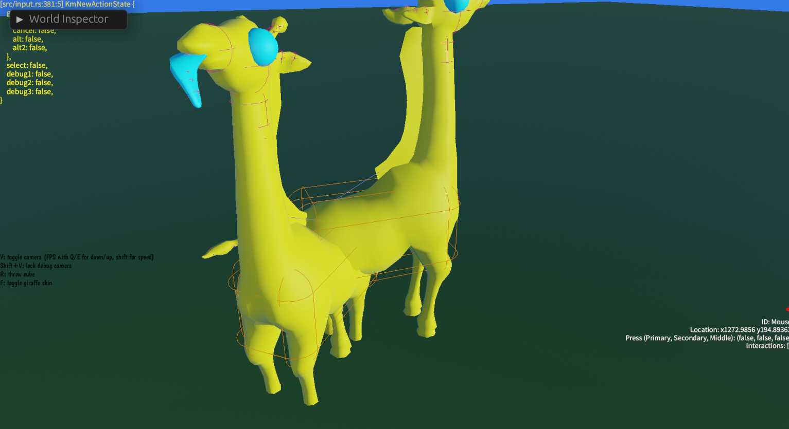 Two giraffe character with debug bounding forms visualised