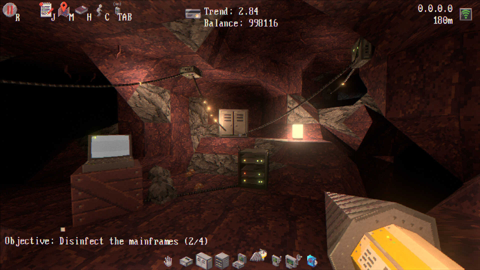 Tunnet screenshot: low poly models, blocky terrain, FPS view with a drill in hands
