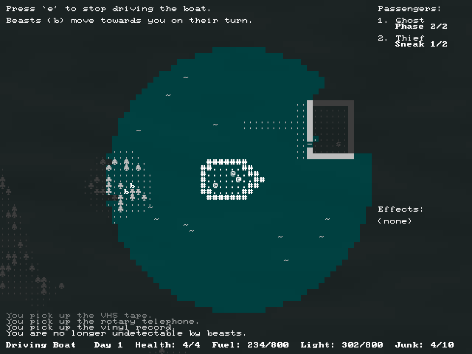 Screenshot from the game Boat Journey showing ASCII art of a boat and some islands