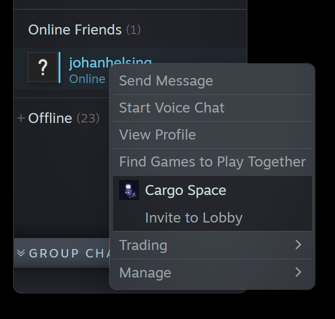 Screenshot of Cargo Space's friends list context menu: "invite to lobby" is highlighted