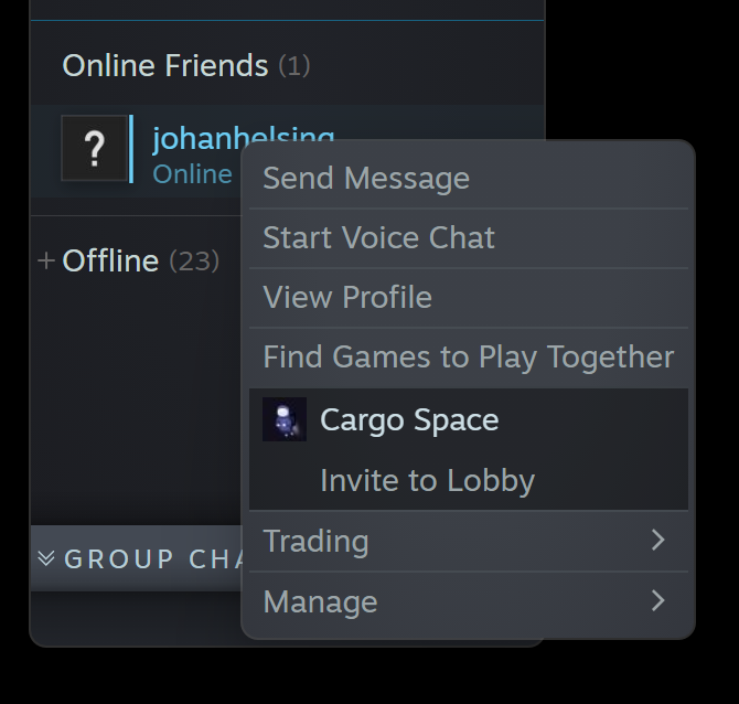 Screenshot of Cargo Space’s friends list context menu: “invite to lobby” is highlighted