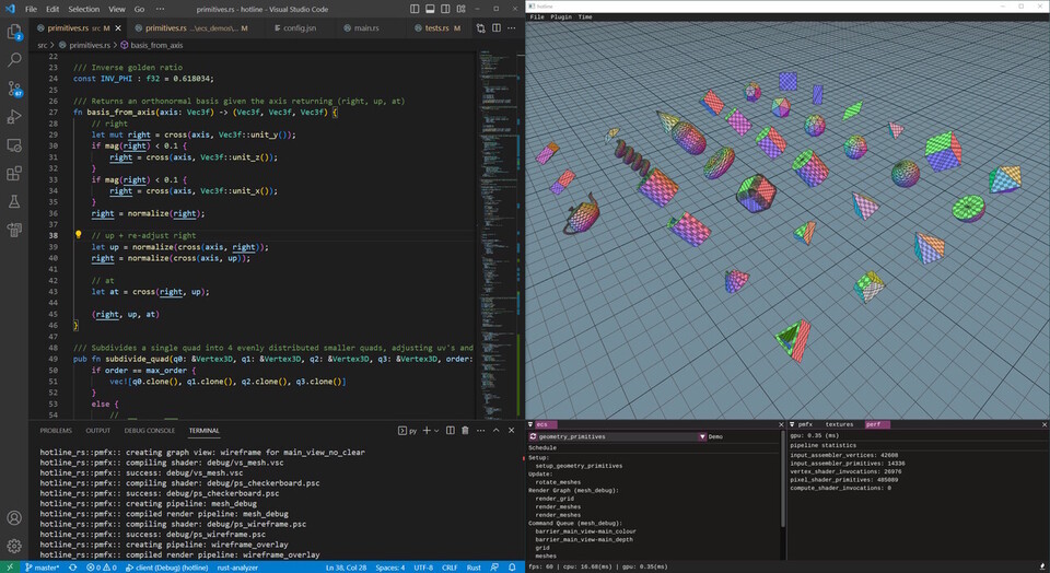 code in the editor on the left and  live scene view with textured shapes on the right