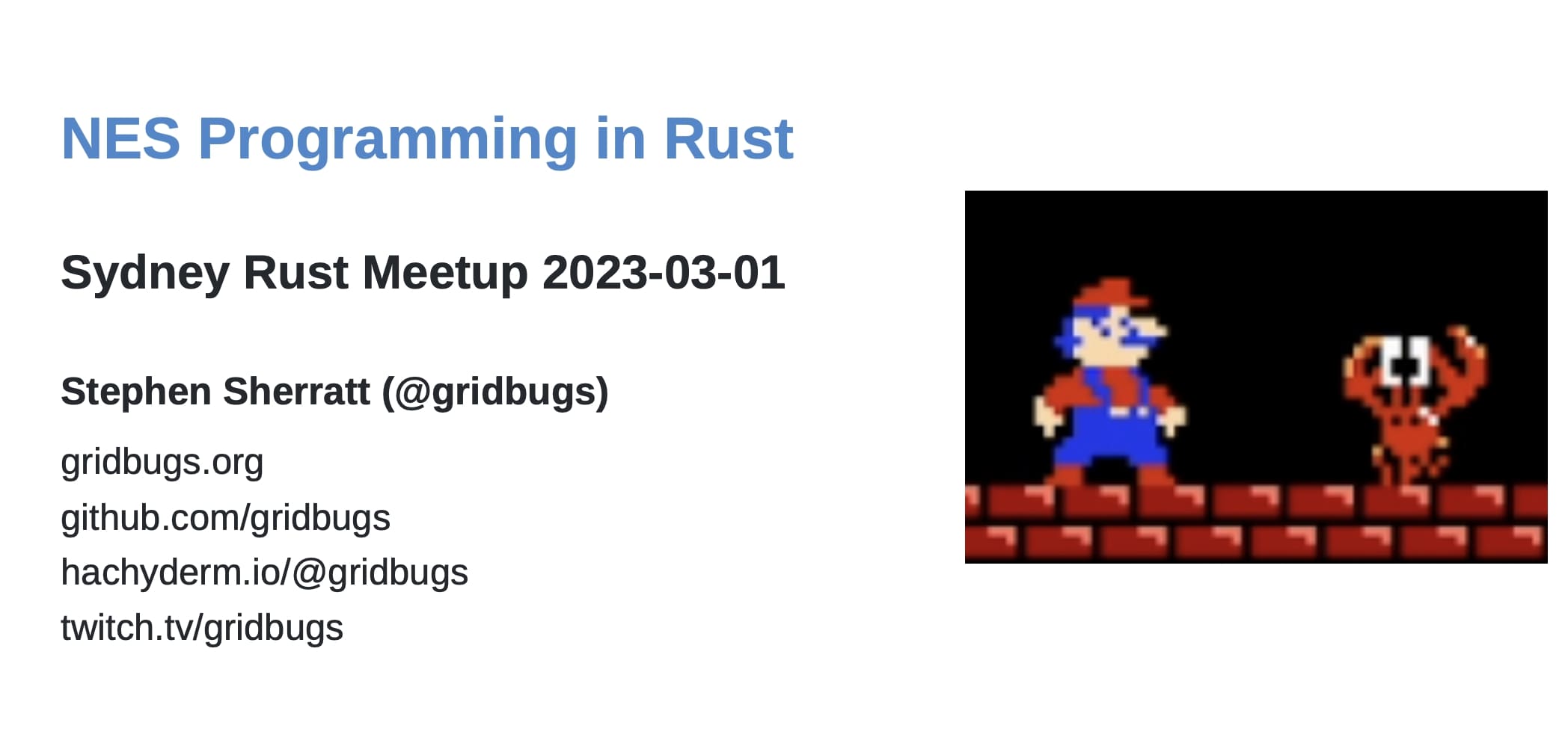 Title slide from presentation about writing NES assembly programs in Rust