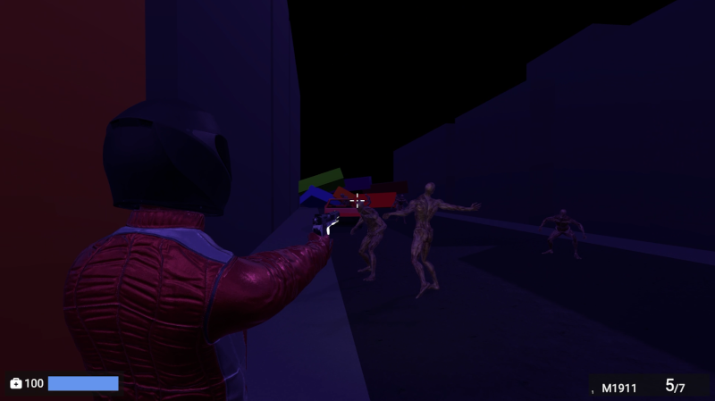 A person in a red suit shooting zombies with a pistol