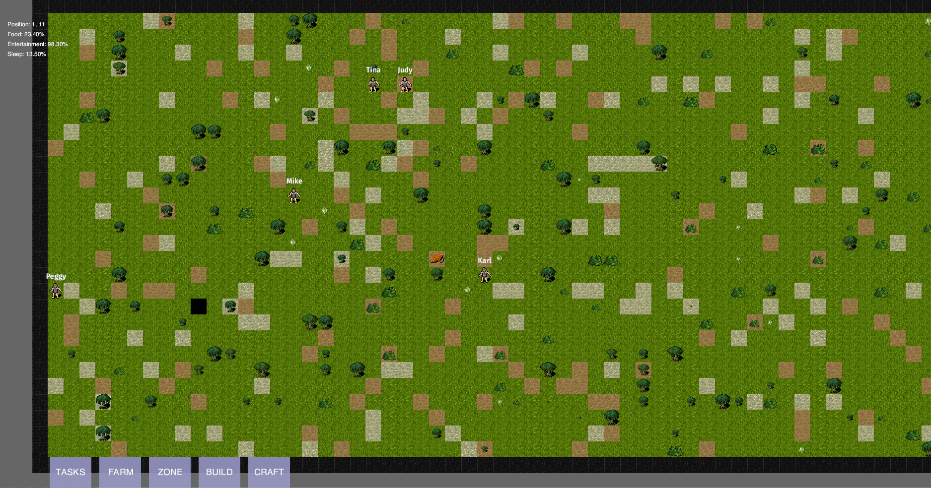 tiled map with lots of grass and trees, some resources and a couple of named pawns