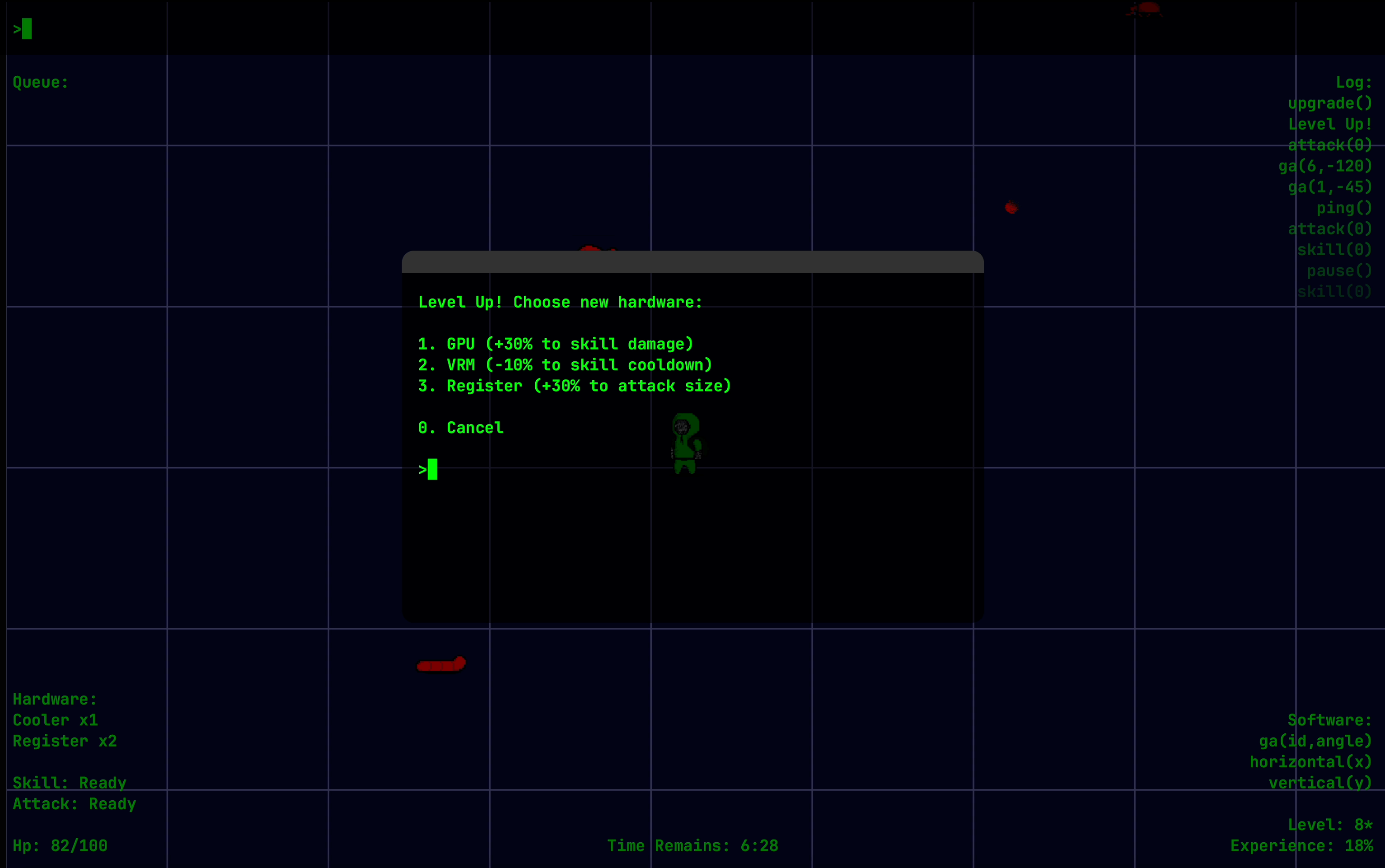 Screenshot of a level up window asking the player if they want new GPU, VRM or register